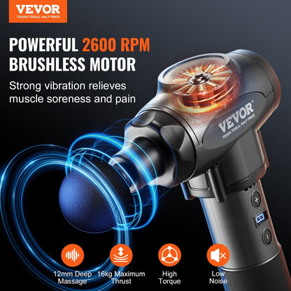 VEVOR Massage Gun Deep Tissue With 9 Speed Levels & 6 Massage Heads, 24V 2500mAh Batteries, Percussion Muscle Massager For Athletes, Handheld Electric Massage Gun For Pain Relief, Muscle Relaxation